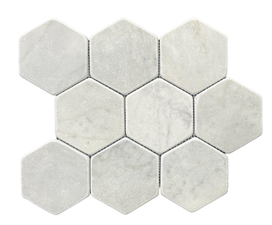 HEXAGON CARRARA TUMBLED CHIP SIZE 98MM SHEET SIZE 298X258X10MM - 98HEXCART