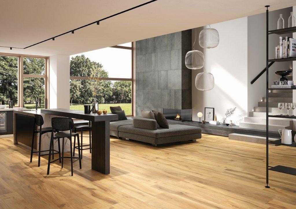 Timeless Wood Honey Timber Look Porcelain Tiles in a room setting