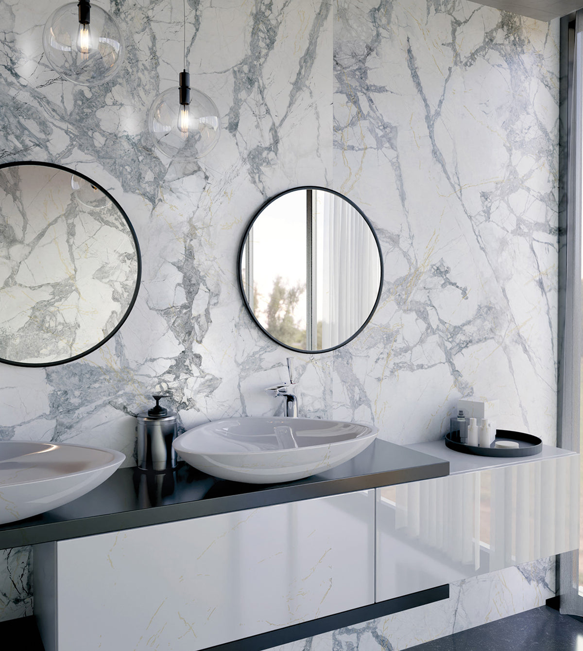 Aurora Invisible Grey Marble Look Porcelain Tiles in a room setting