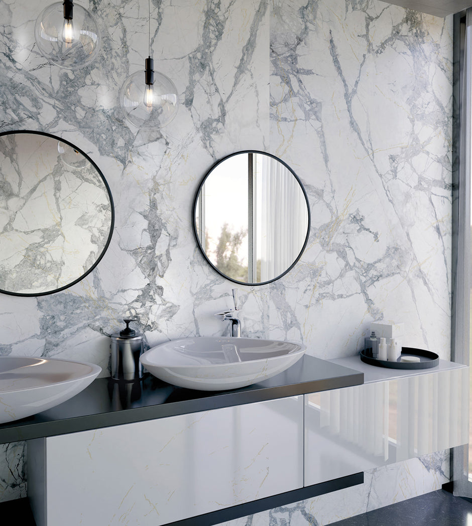 Aurora Invisible Grey Marble Look Porcelain Tiles in a room setting