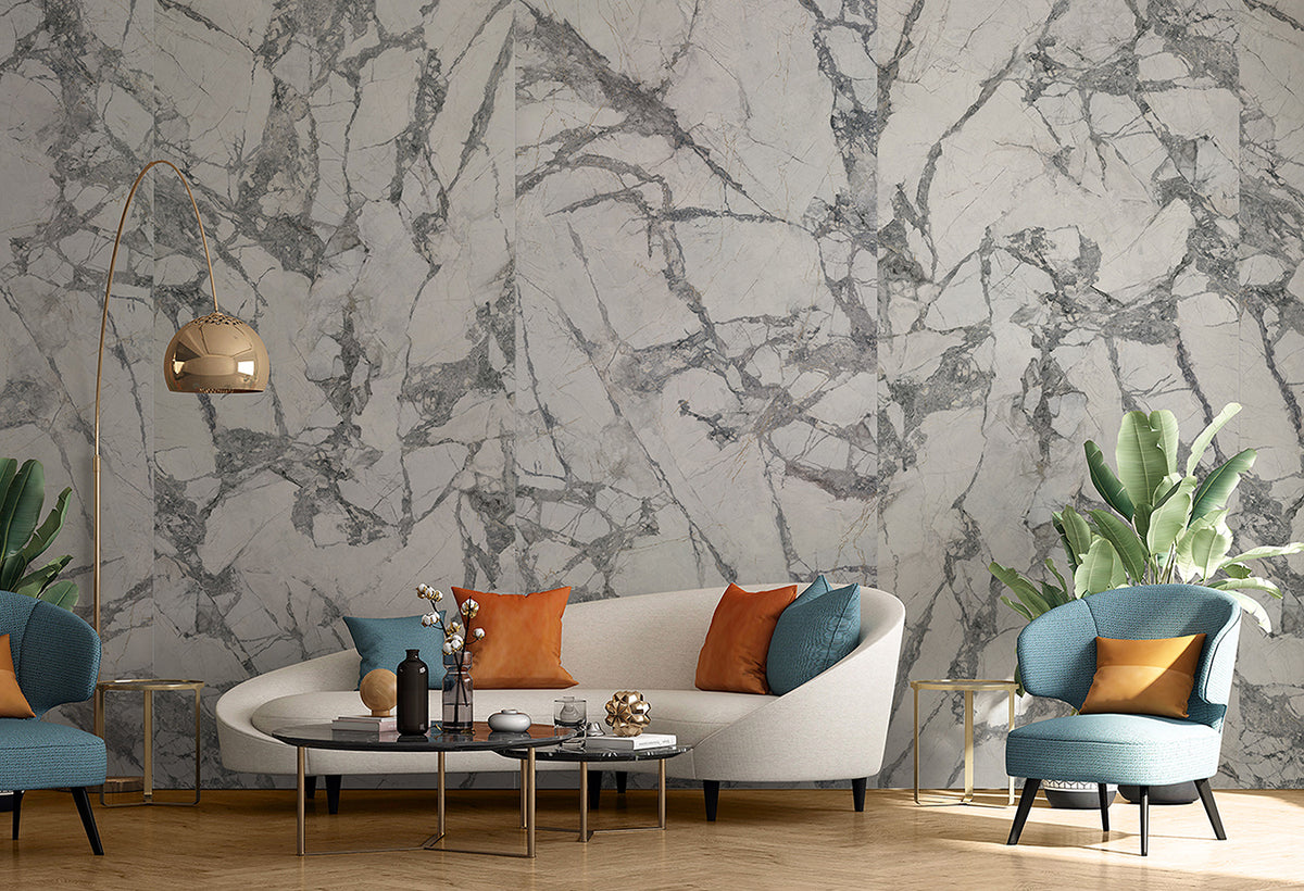 Aurora Invisible Grey Marble Look Porcelain Tiles in a room setting