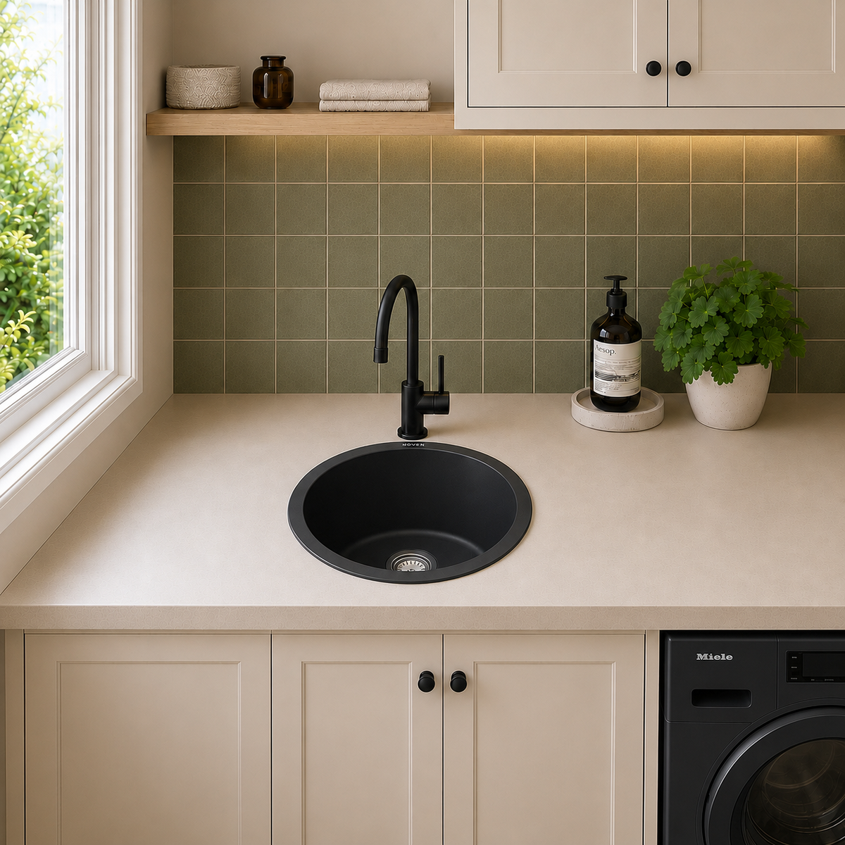 Sierra Composite Round Kitchen Sink in Matt Black