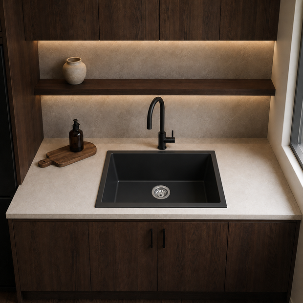 Sierra Composite Single Bowl Kitchen Sink in Matt Black