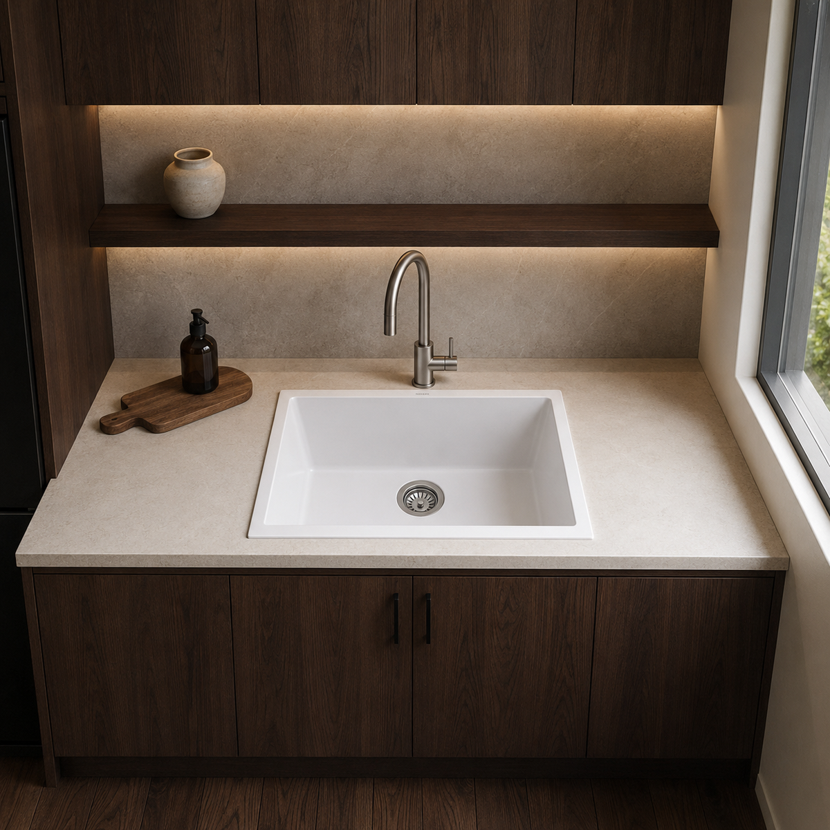 Sierra Composite Single Bowl Kitchen Sink in Matt White