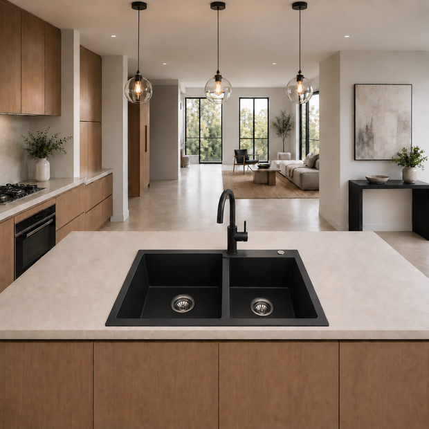 Sierra Composite Double Bowl Kitchen Sink in Matt Black