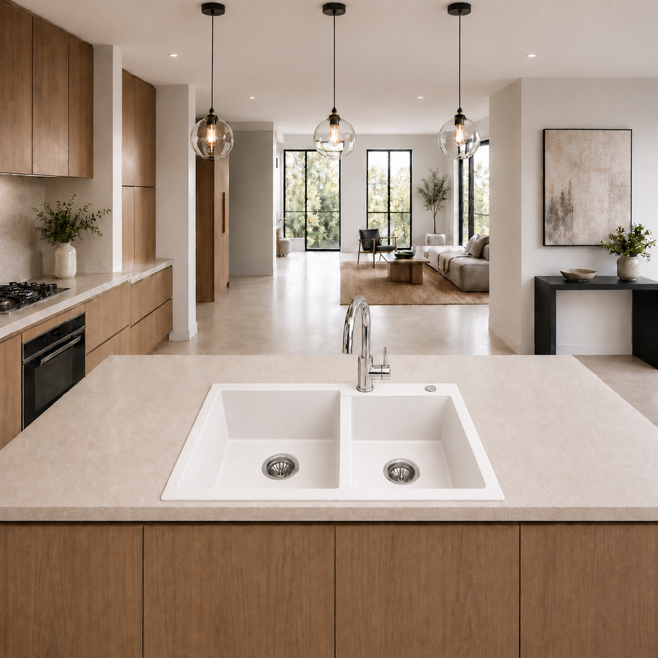Sierra Composite Double Bowl Kitchen Sink in Matt White