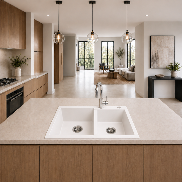 Sierra Composite Double Bowl Kitchen Sink in Matt White
