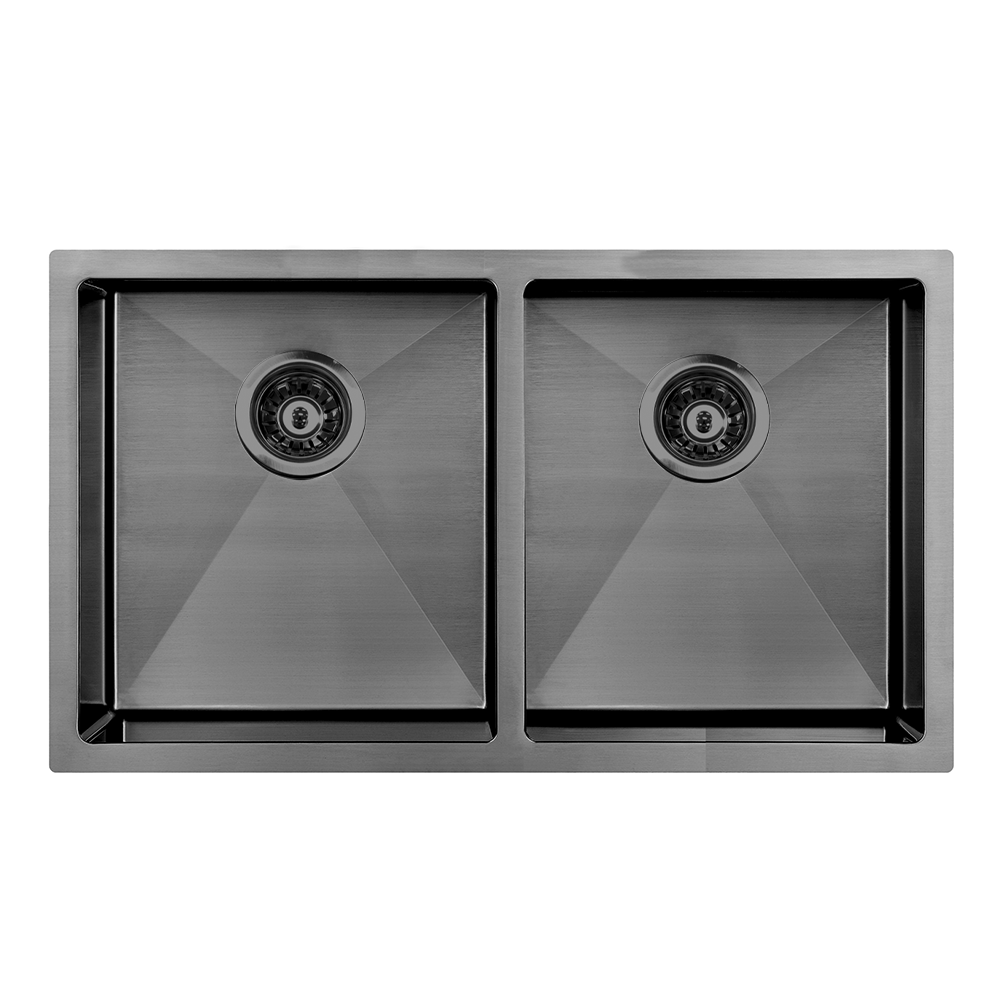 Atlas Handmade Double Bowl Kitchen Sink in Gunmetal Black 870 x 450 x 250mm