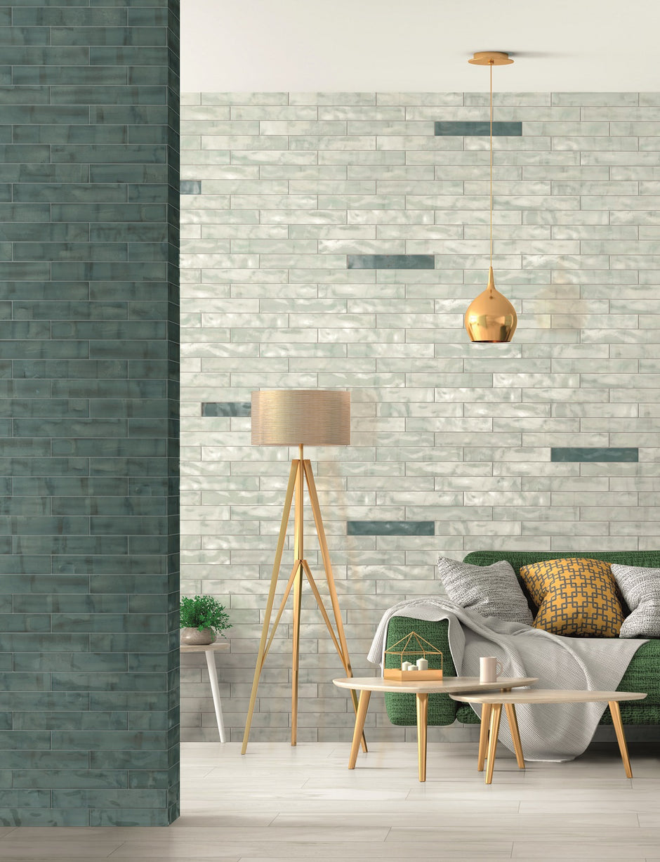 Brush White Dust Gloss Wall Tiles in a room setting