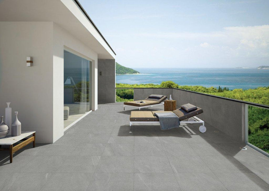 Baystone Silver Porcelain Tiles in a room setting