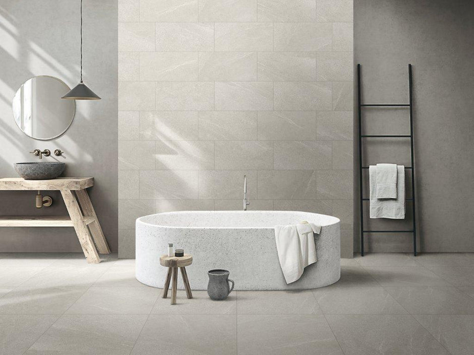 Baystone Silver Porcelain Tiles in a room setting