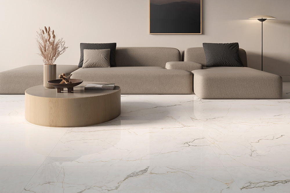 Vintage Blanco Marble Look Porcelain Tiles in a room setting