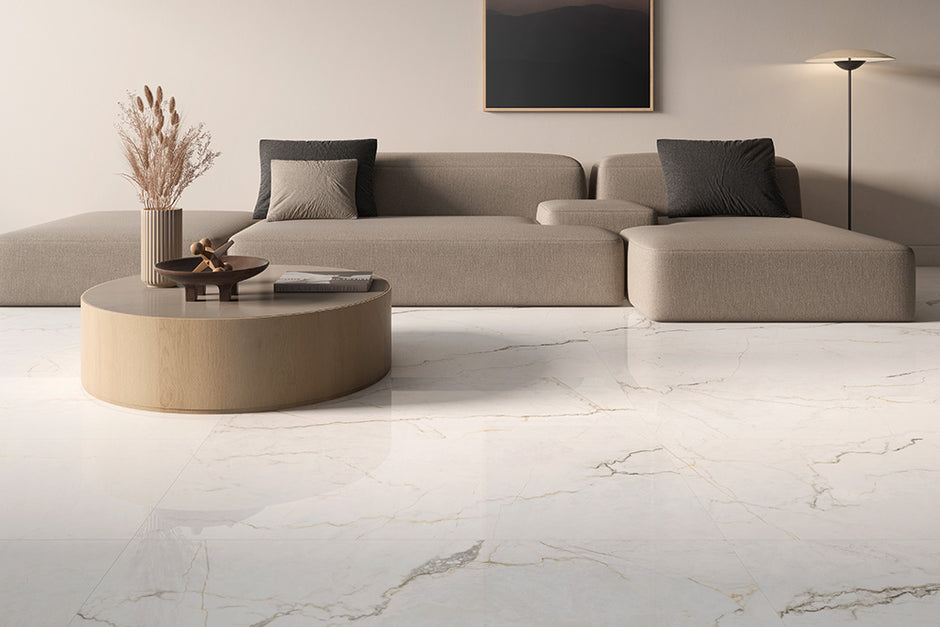 Vintage Blanco Marble Look Porcelain Tiles in a room setting