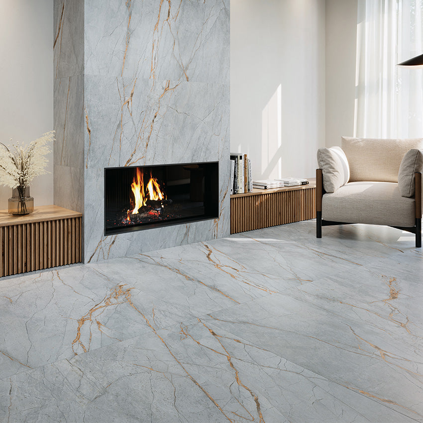 Noble Blue Roma Stone Porcelain Tiles in a room setting