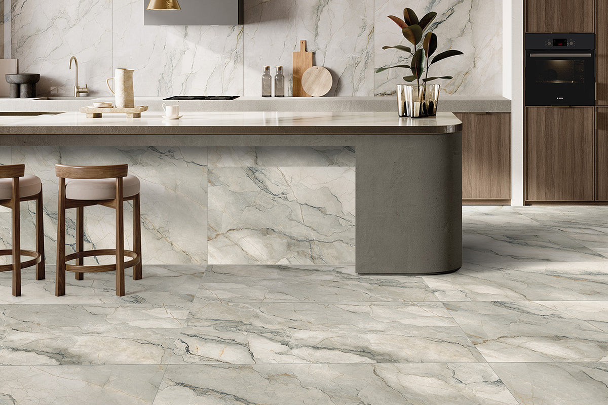 Bolgheri Gardenia Stone Porcelain Tiles in a room setting