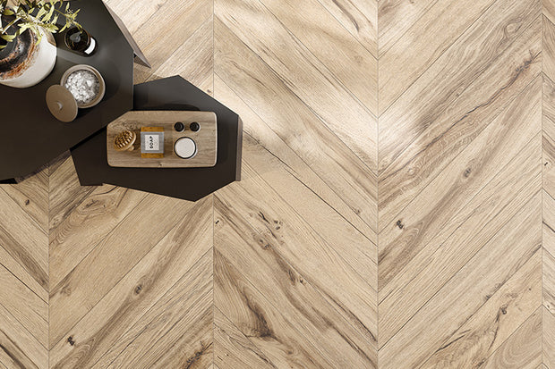Bona Chevron XL Ecru Timber Look Porcelain Tiles in a room setting