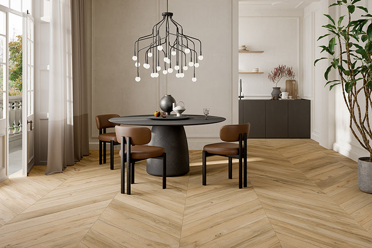 Bona Chevron XL Honey Timber Look Porcelain Tiles in a room setting
