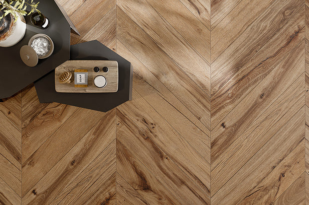 Bona Chevron XL Nut Timber Look Porcelain Tiles in a room setting