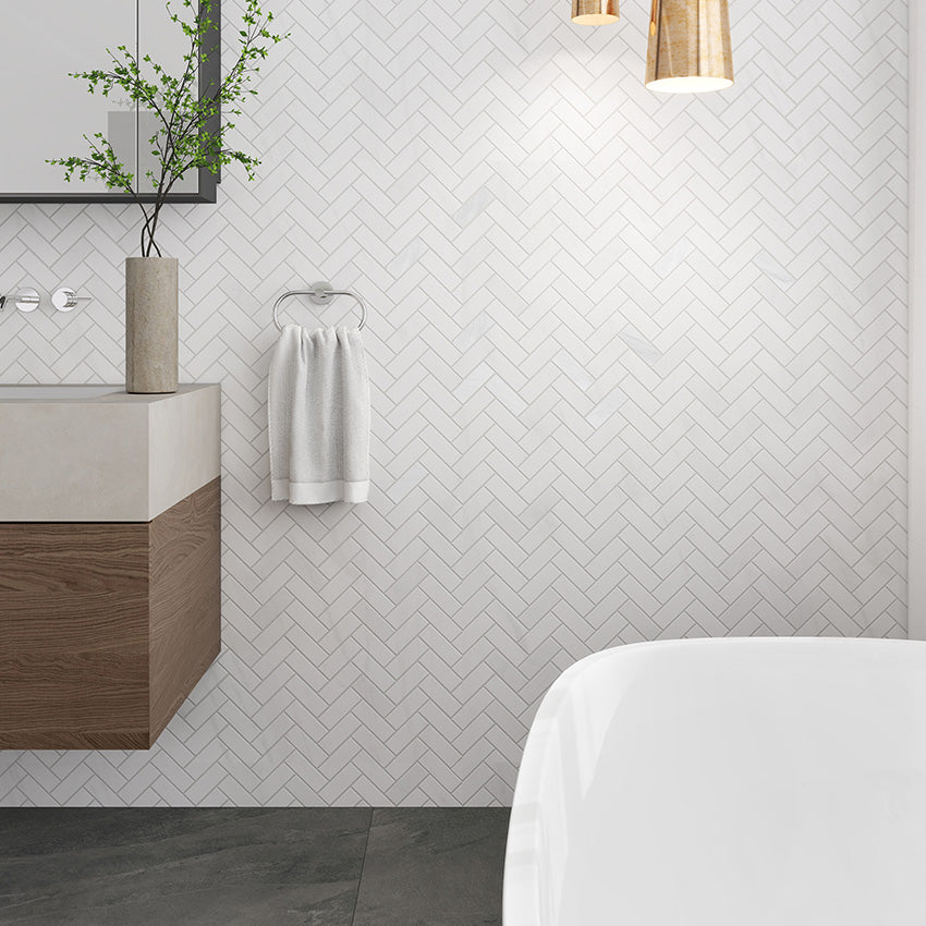 Brick Wave Pearl White Natural Stone Mosaic in a room setting