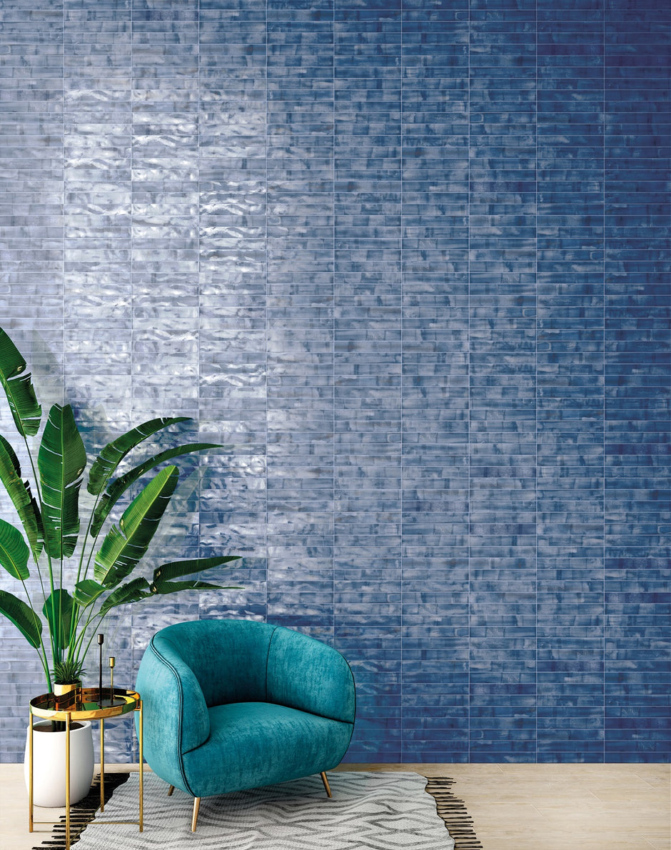 Brush Denim Gloss Wall Tiles in a room setting