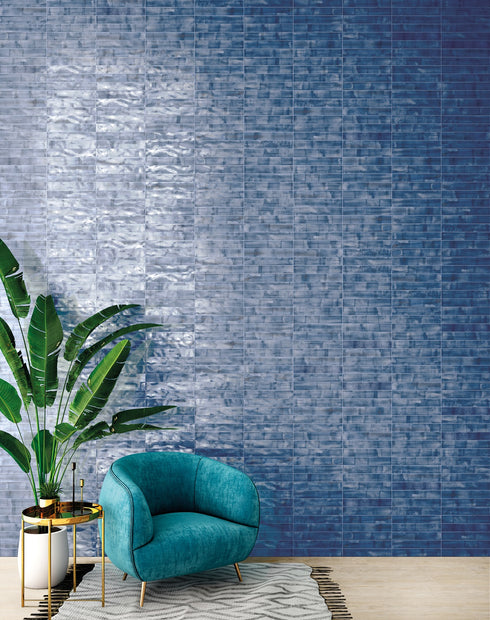 Brush Denim Gloss Wall Tiles in a room setting
