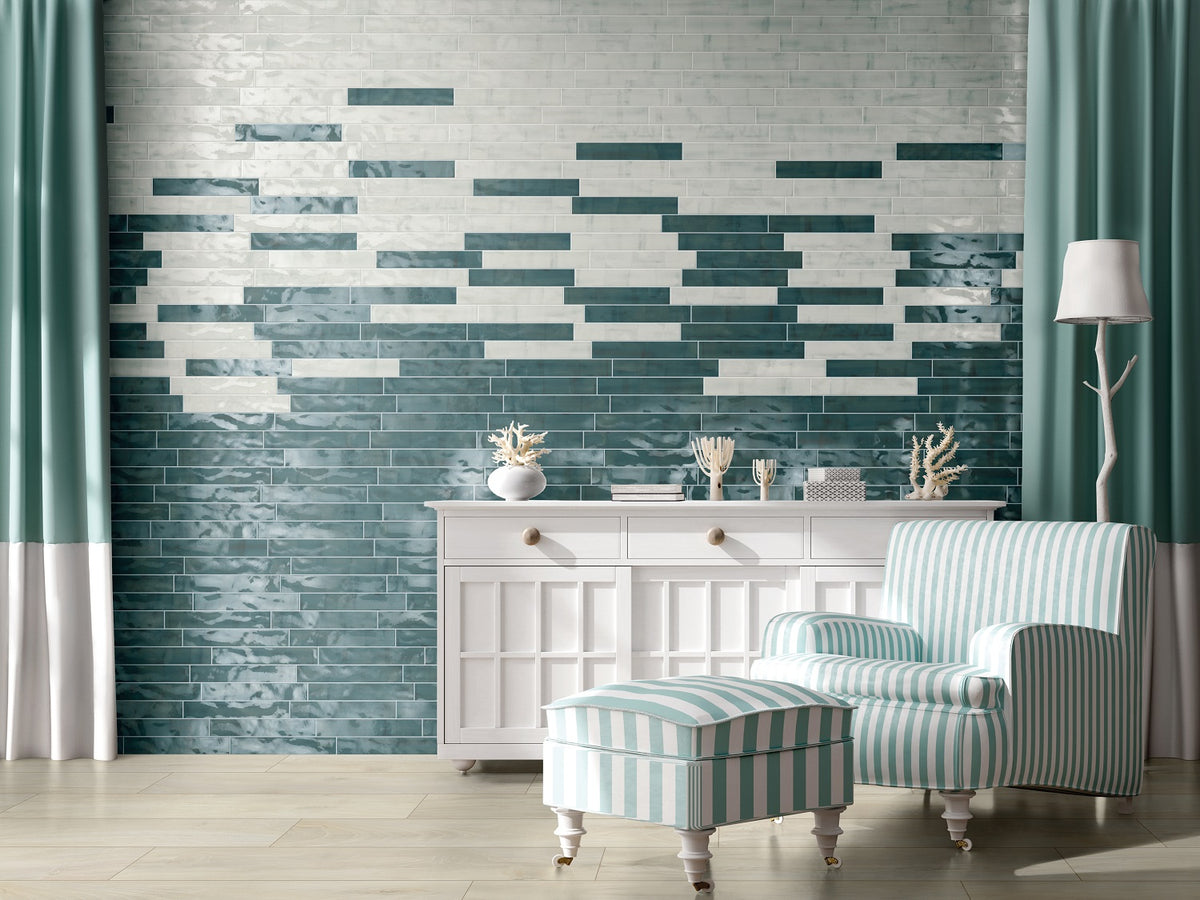 Brush White Dust Gloss Wall Tiles in a room setting