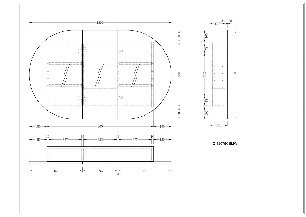 Navona Carysil Mystic Oval Shaving Cabinet 1200 x 750mm technical drawing