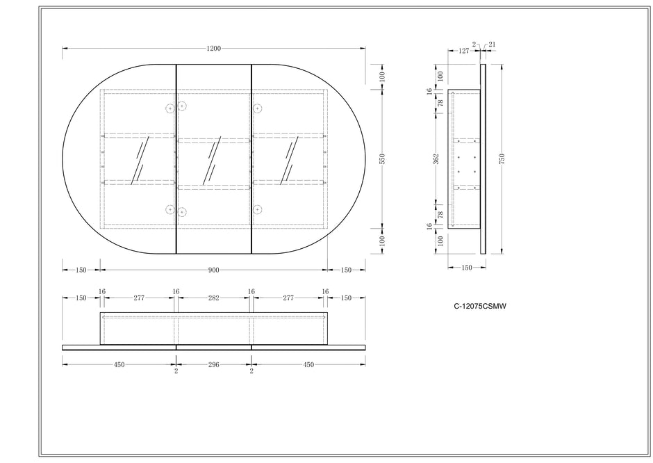 Navona Carysil Mystic Oval Shaving Cabinet 1200 x 750mm technical drawing