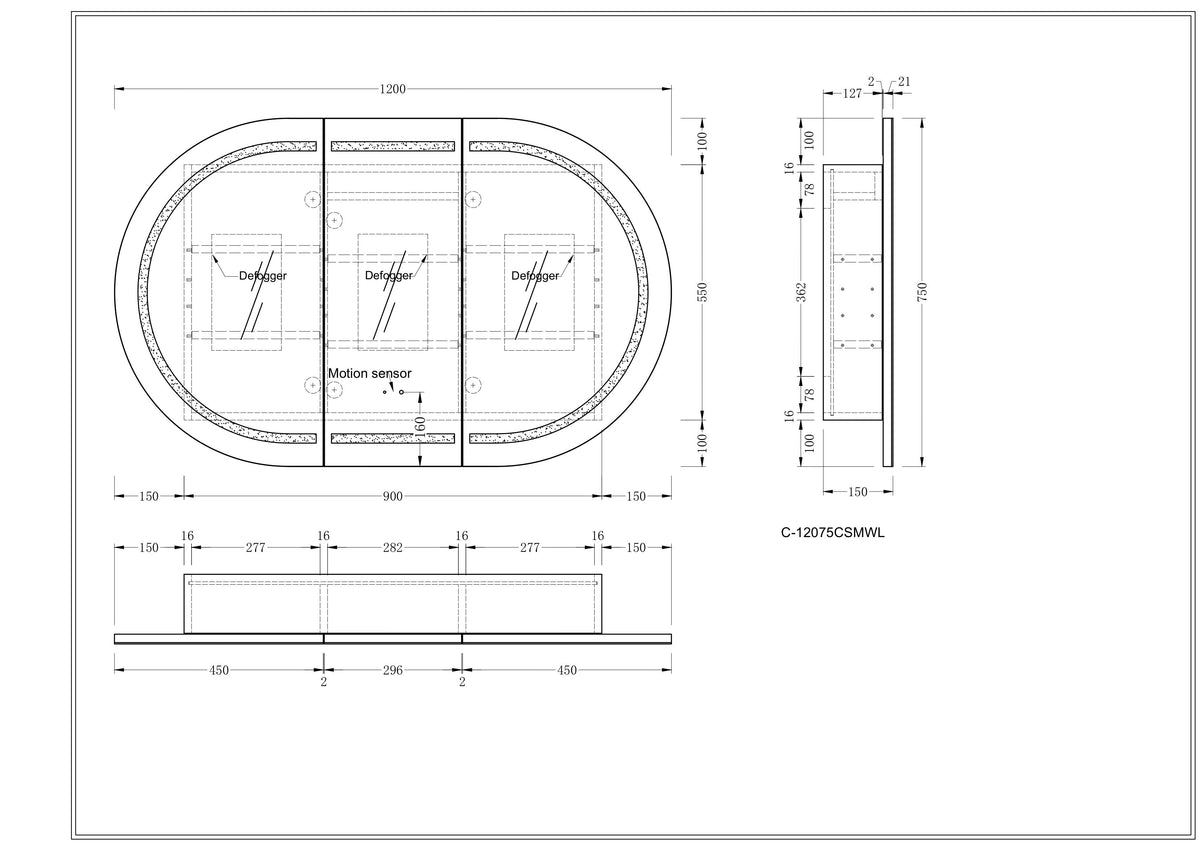 Navona Carysil Mystic Oval LED Shaving Cabinet 1200 x 750mm technical drawing