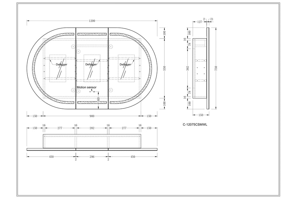 Navona Carysil Mystic Oval LED Shaving Cabinet 1200 x 750mm technical drawing