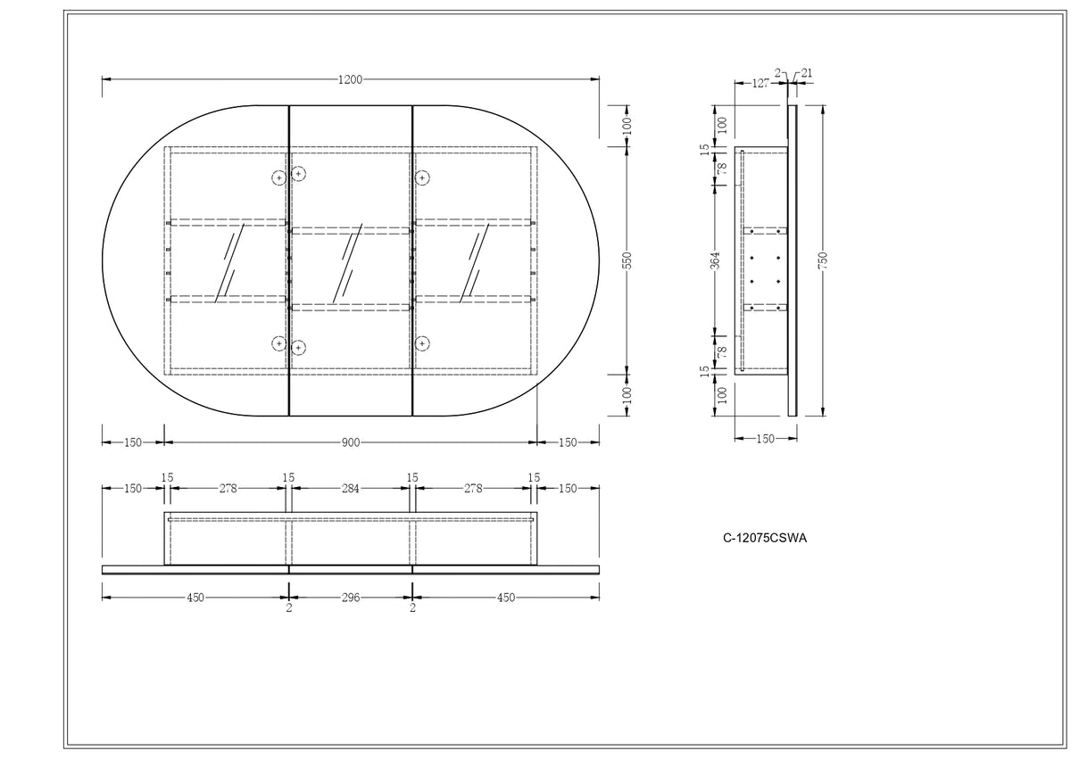 Navona Carysil Mystic Oval Shaving Cabinet 1200 x 750mm technical drawing