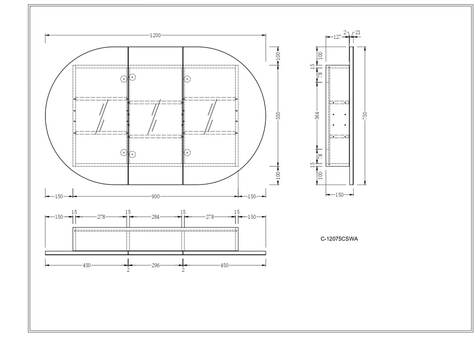 Navona Carysil Mystic Oval Shaving Cabinet 1200 x 750mm technical drawing