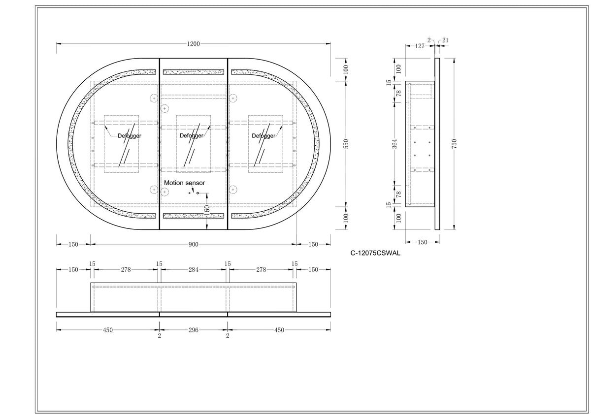 Navona Carysil Mystic Oval LED Shaving Cabinet 1200 x 750mm technical drawing