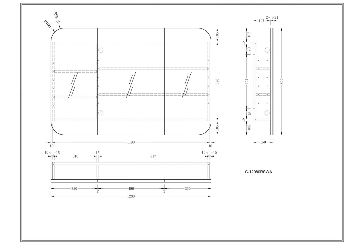Navona Carysil Grand Rounded Rectangle Shaving Cabinet 1200 x 800mm technical drawing