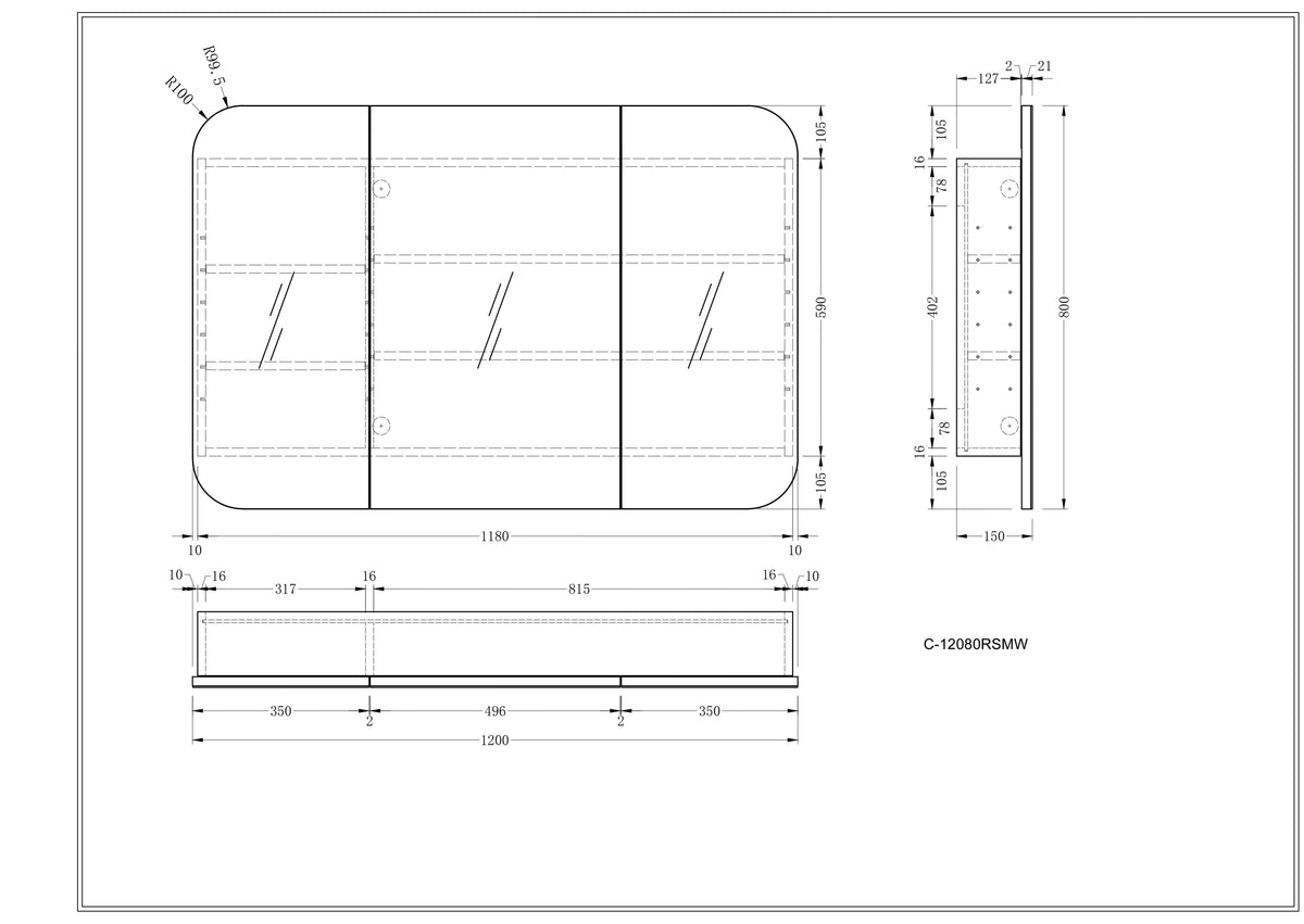 Navona Carysil Grand Rounded Rectangle Shaving Cabinet 1200 x 800mm technical drawing