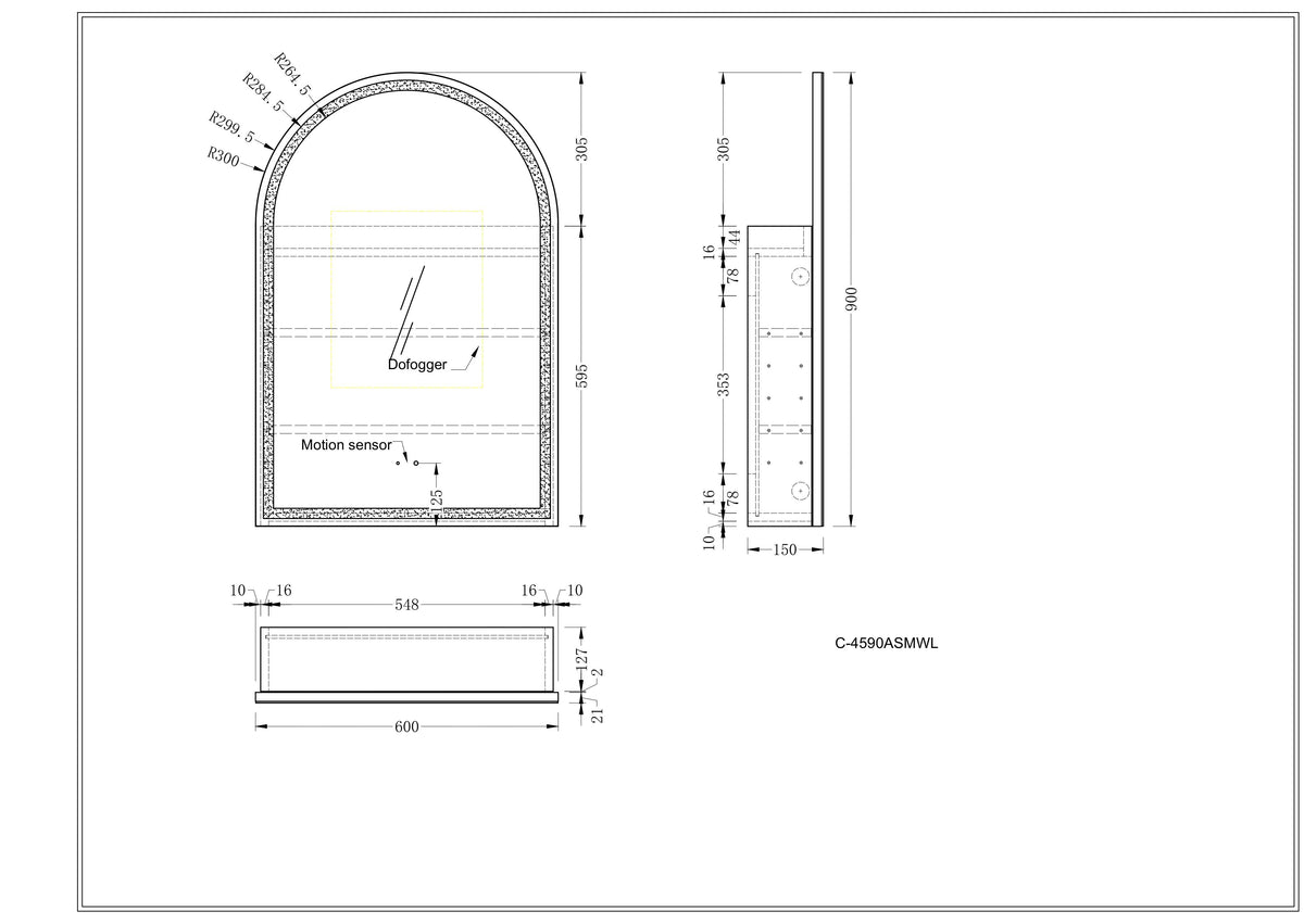 Navona Carysil Imperial Arch LED Shaving Cabinet 600 x 900mm technical drawing