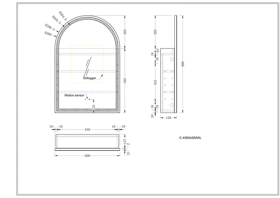 Navona Carysil Imperial Arch LED Shaving Cabinet 600 x 900mm technical drawing