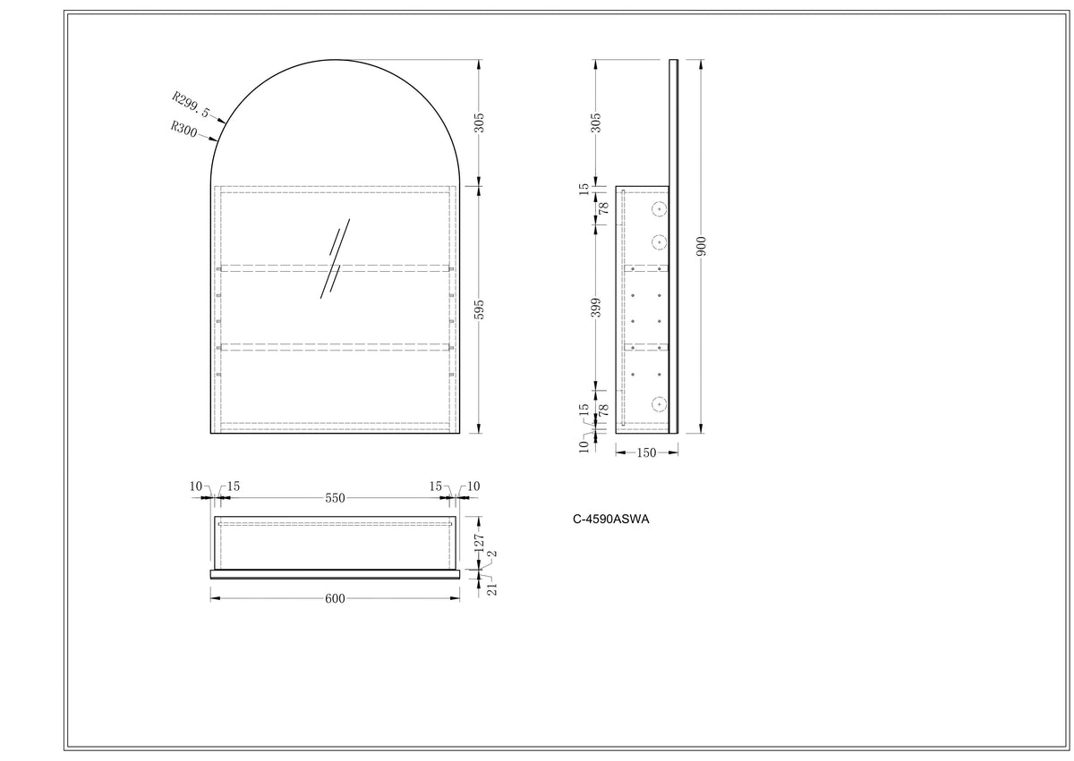 Navona Carysil Imperial Arch Shaving Cabinet 600 x 900mm technical drawing
