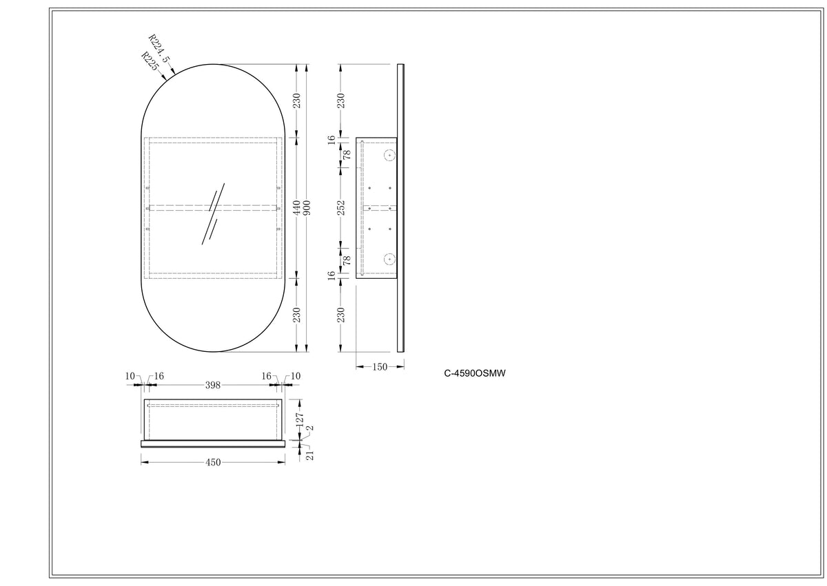 Navona Carysil Noble Oval Shaving Cabinet 450 x 900mm technical drawing