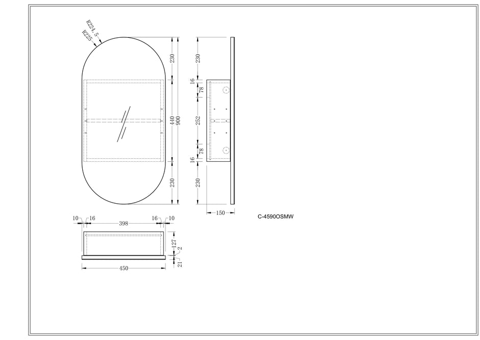 Navona Carysil Noble Oval Shaving Cabinet 450 x 900mm technical drawing
