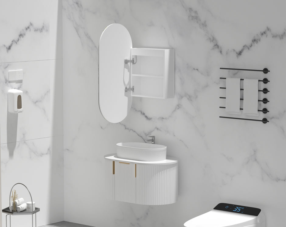 Navona Carysil Noble Oval LED Shaving Cabinet 450 x 900mm Matte White