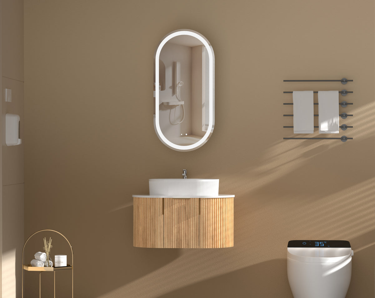 Navona Carysil Noble Oval LED Shaving Cabinet 450 x 900mm Walnut