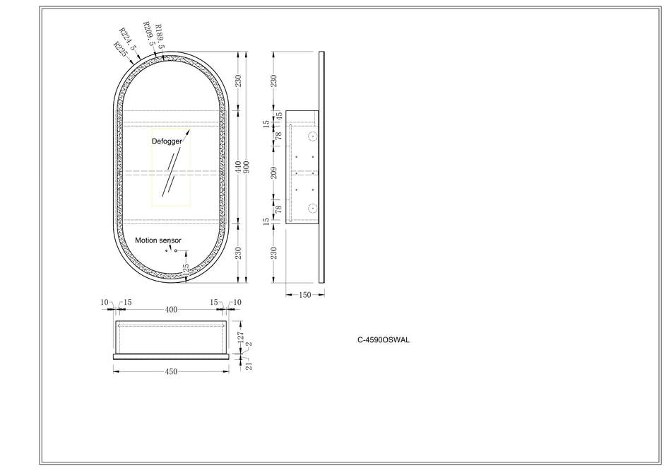 Navona Carysil Noble Oval LED Shaving Cabinet 450 x 900mm technical drawing