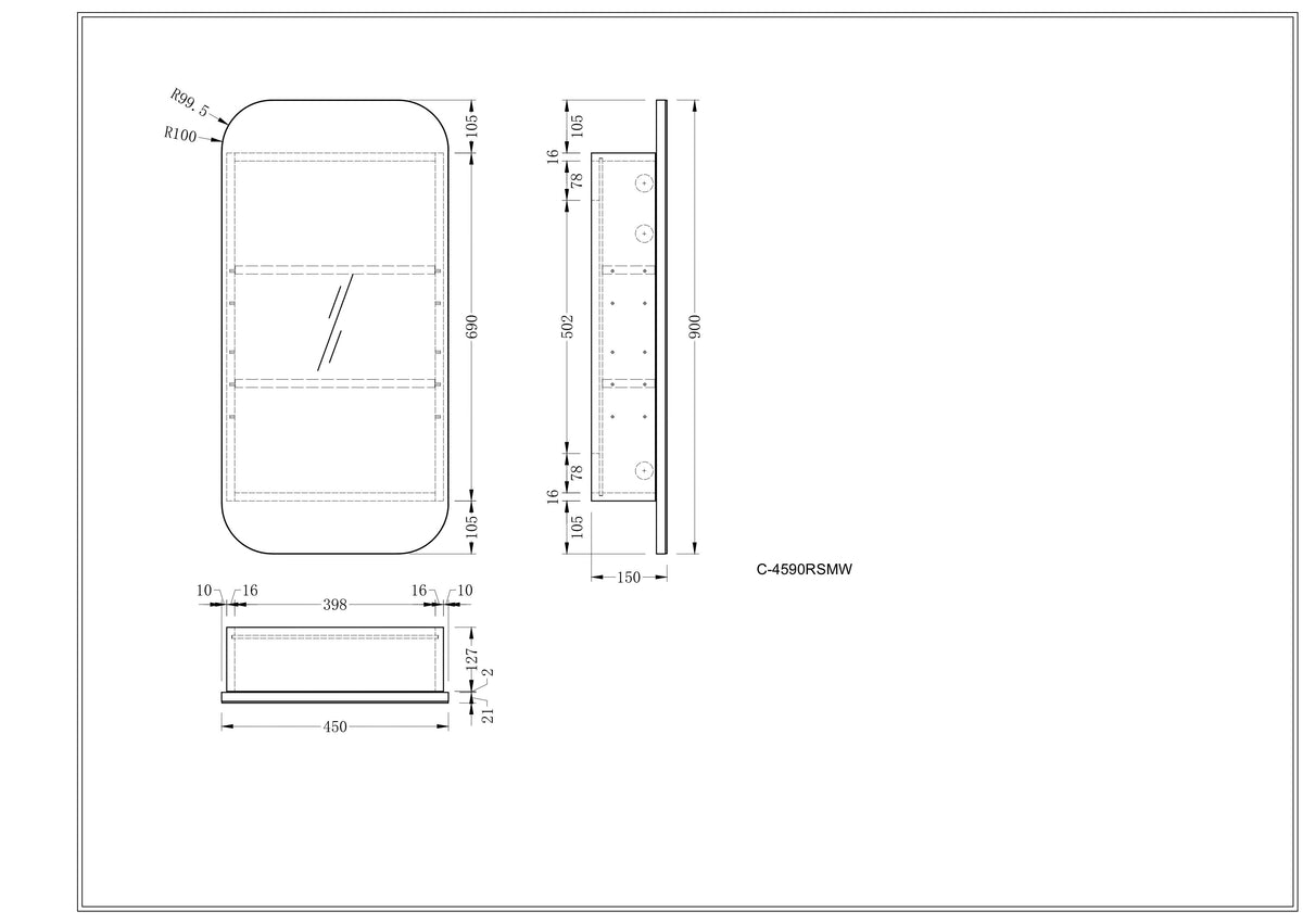 Navona Carysil Earls Squircle Shaving Cabinet 450 x 900mm technical drawing