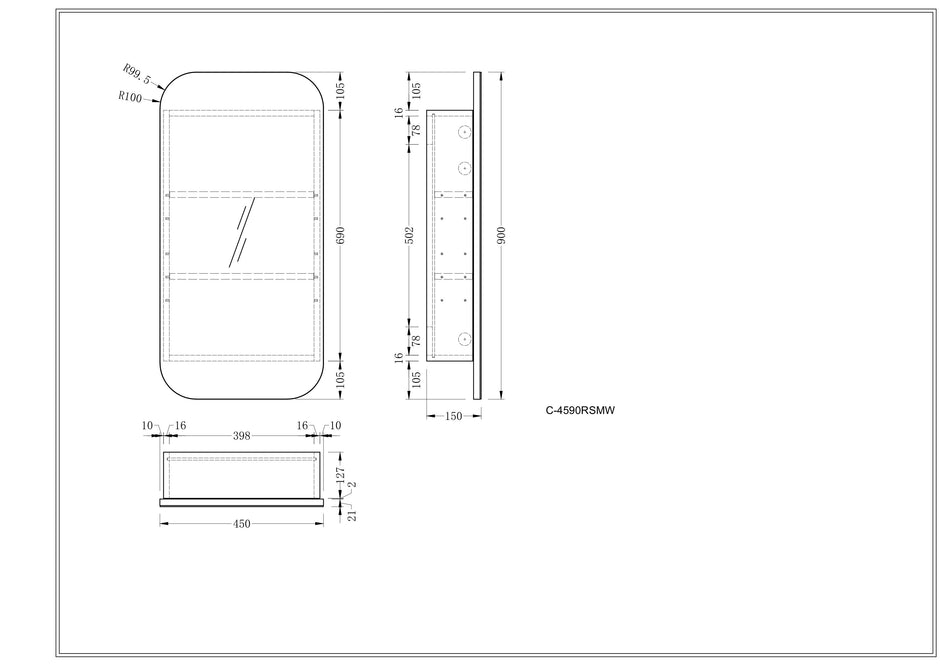Navona Carysil Earls Squircle Shaving Cabinet 450 x 900mm technical drawing