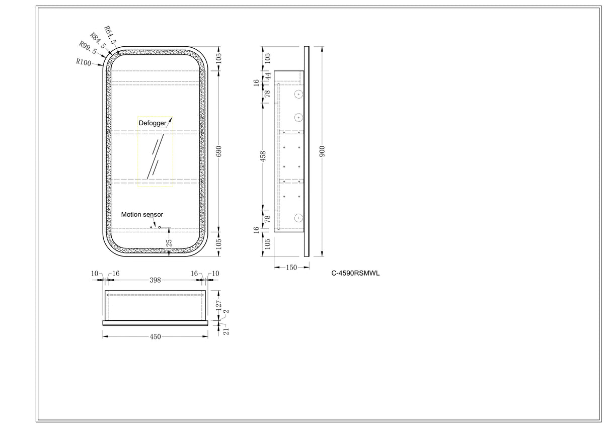 Navona Carysil Earls Squircle LED Shaving Cabinet 450 x 900mm technical drawing
