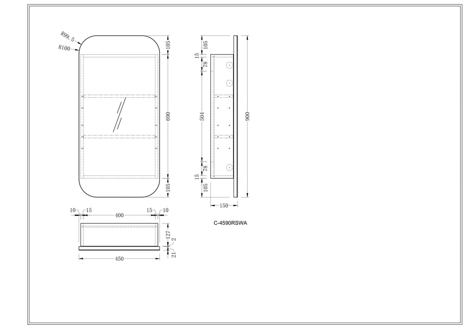 Navona Carysil Earls Squircle Shaving Cabinet 450 x 900mm technical drawing