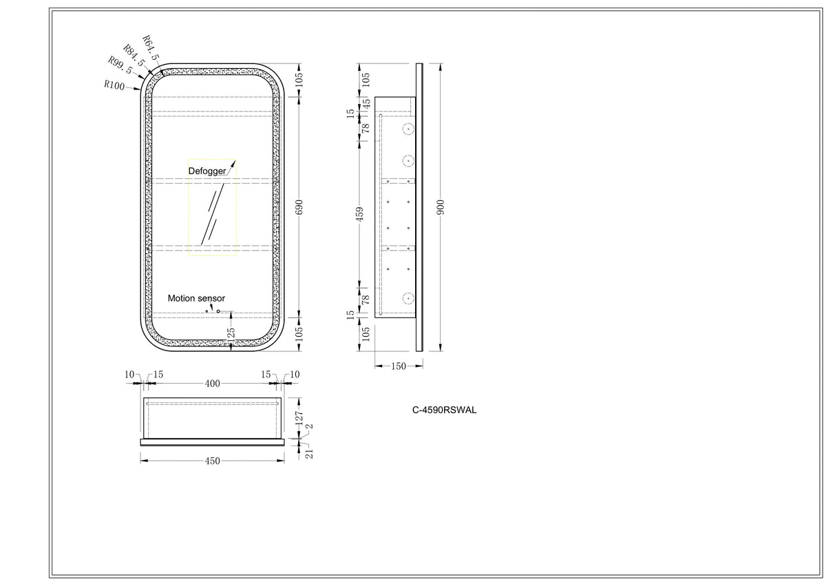 Navona Carysil Earls Squircle LED Shaving Cabinet 450 x 900mm technical drawing