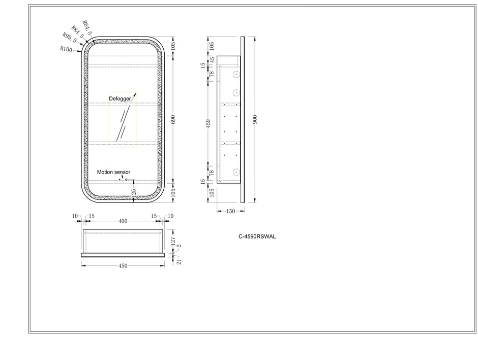 Navona Carysil Earls Squircle LED Shaving Cabinet 450 x 900mm technical drawing