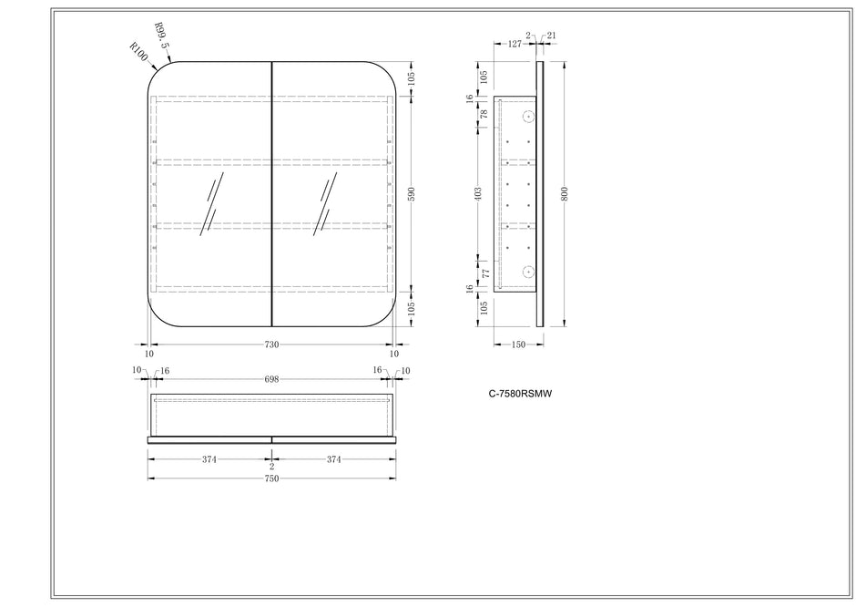 Navona Carysil Grand Rounded Rectangle Shaving Cabinet 750 x 800mm technical drawing